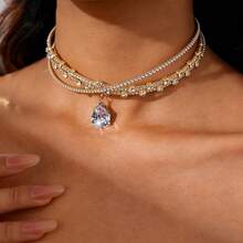 1pc Elegant Water Drop Gemstone Princess Necklace & Hair Chain, Oval Pendant Necklace, Luxury Rhinestone Dual-Wear Choker Necklace - Gold - View 10