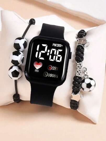 3pcs Set Cartoon Heart & Number LED Electronic Watch, Lightweight Sports Wristwatch With Football Bracelet For Boys & Students