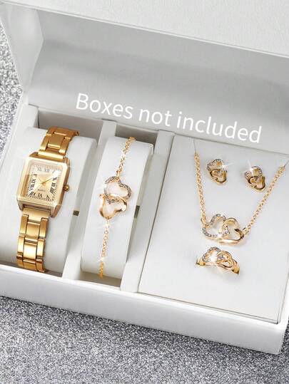 6pcs/Set Women's Gift Watch, Fashion Square Roman Numeral Dial Classic Quartz Wristwatch + Heart Jewelry, Excluding Watch Box