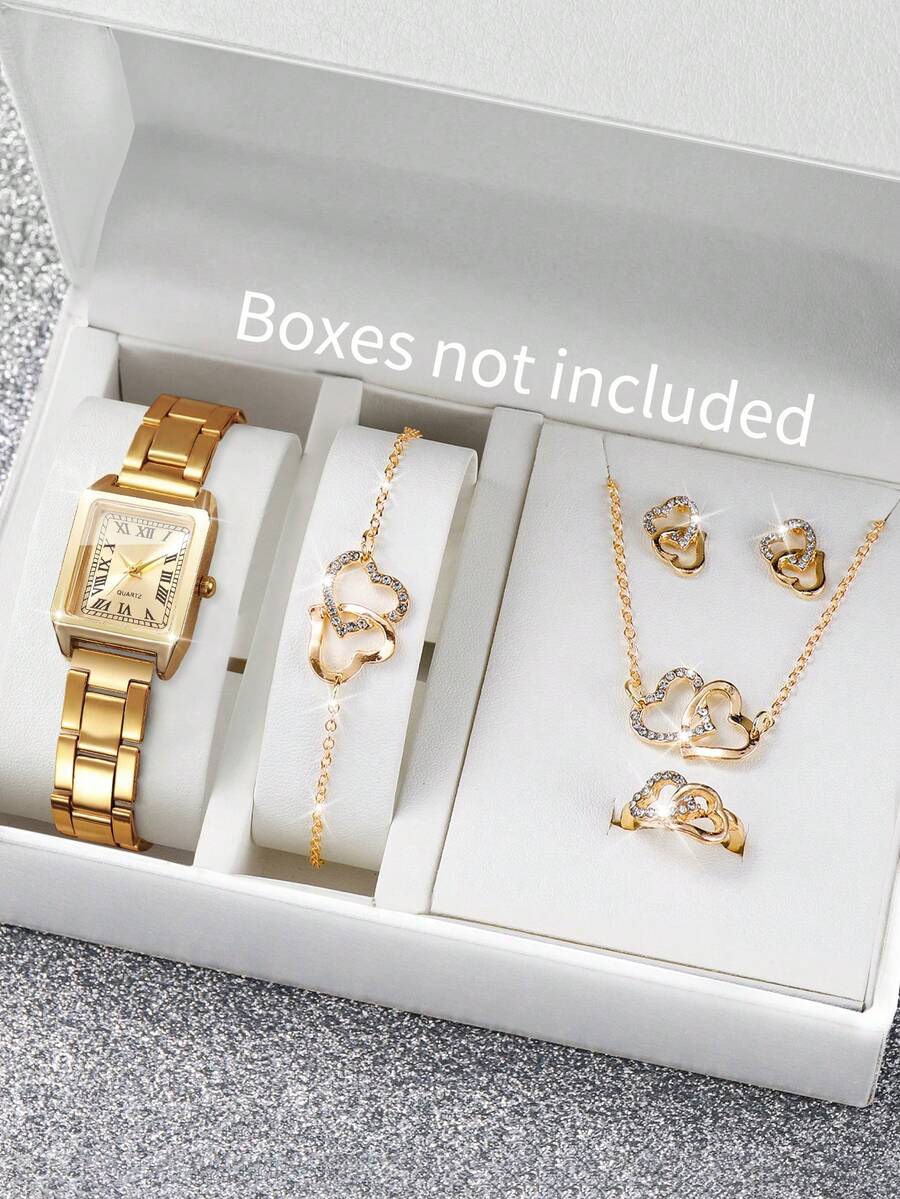 6pcs/Set Women's Gift Watch, Fashion Square Roman Numeral Dial Classic Quartz Wristwatch + Heart Jewelry, Excluding Watch Box - Gold - View 1