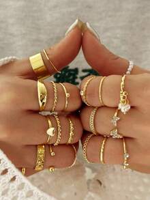 21pcs Vintage Minimalist Fashion Street Style Shiny White Beaded Pendant, Heart, Butterfly, Star Rings Set, Suitable For Party, Holiday, Gift, Daily Wear  Zinc Alloy - Vàng - Xem 1