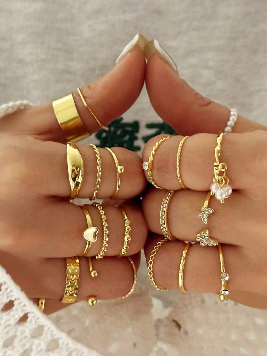 21pcs Vintage Minimalist Fashion Street Style Shiny White Beaded Pendant, Heart, Butterfly, Star Rings Set, Suitable For Party, Holiday, Gift, Daily Wear  Zinc Alloy - Vàng - Xem 1