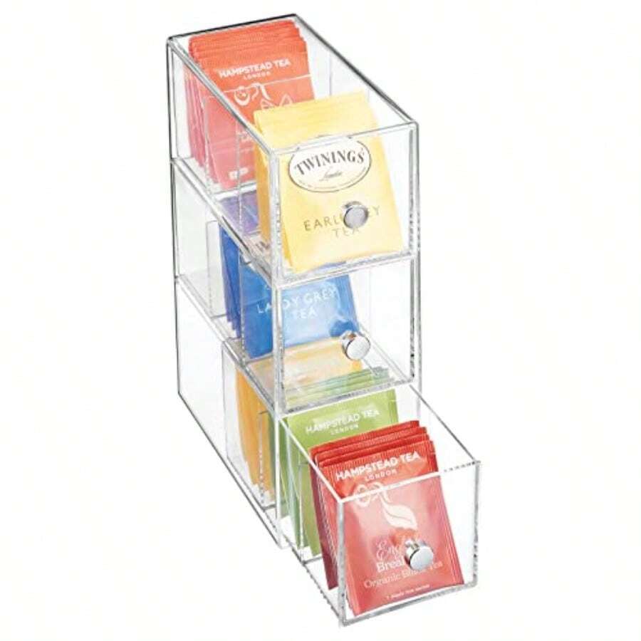 mDesign - Estación de almacenamiento de plástico para despensa armario organizador de encimera con 3 cajones para café té paquetes de azúcar edulcorantes cremas cápsulas de bebidas paquetes 3 secciones cada uno transparente - transparente - Ver 1