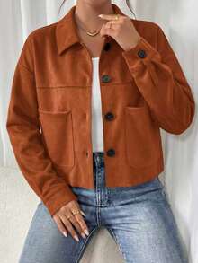 PRETTYGARDEN Women's Faux Suede Cropped Jacket Casual Fall Fashion Button Down Winter Coats Outerwear Clothes Christmas New Years Outfit Women - 橘紅色 - 查看 5