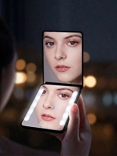 LED化妆镜，带灯化妆镜，便携式迷你化妆镜，USB充电LED照明旅行便携化妆镜，口袋镜带灯，可调光三色灯光模式 - 白光、自然光、暖光，触摸屏亮度调节，多功能化妆镜，适用于宿舍、旅行、化妆、办公室、卧室，情人节/母亲节送给女性的最佳礼物