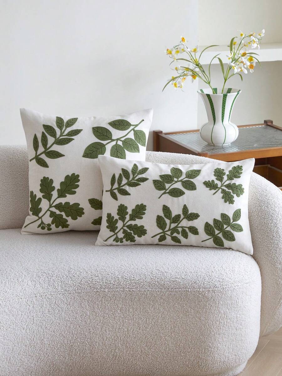 1pc Green Leaf Embroidered Throw Pillow Cover, Suitable For Indoor Decor, All Season Cushion Cover, Pillow Insert Not Included
