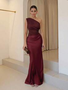 Women's Elegant Solid Color Pleated Backless Satin Patchwork Maxi Dress, Suitable For Outings, Parties, Cocktail Events, Wedding Guests, And Vacations - Màu Đỏ Sâu - Xem 3