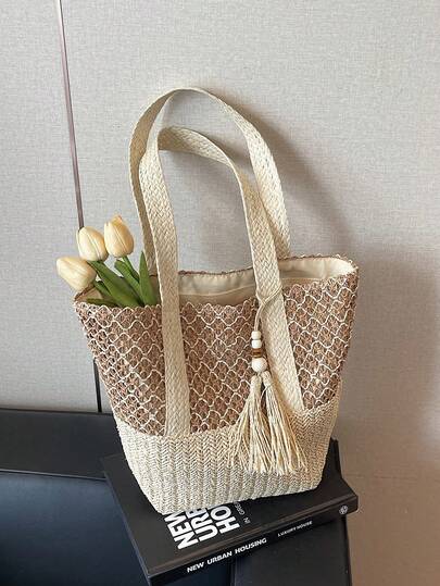 大容量手工编织手提包，新款草编单肩包，适合海滩度假、购物、通勤、年轻女性、大学生、上班族女性。是办公室、大学、工作、商务、通勤、户外活动、旅行和野餐的理想之选。