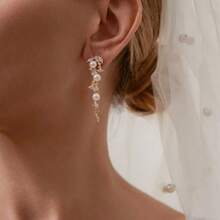 Vintage Pearl Diamond Long Drop Earrings, 18K Gold Plated Pearl Leaf Earrings, Bridesmaid Gift, Bridal Wedding Earrings, Gift For Wife - 金色 - 查看 3