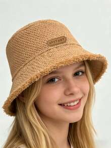 1 Piece Of Unisex Spoof Tag Custom Knitted Hat Bucket Hat Outdoor Casual Sun Hat - Small Leather Label Frayed Fisherman's Hat - View 13