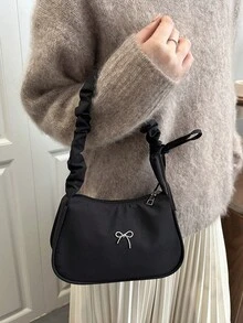 可爱褶皱手提包，高品质蝴蝶结单肩包，女士通勤腋下包 - 黑色 - 查看 7