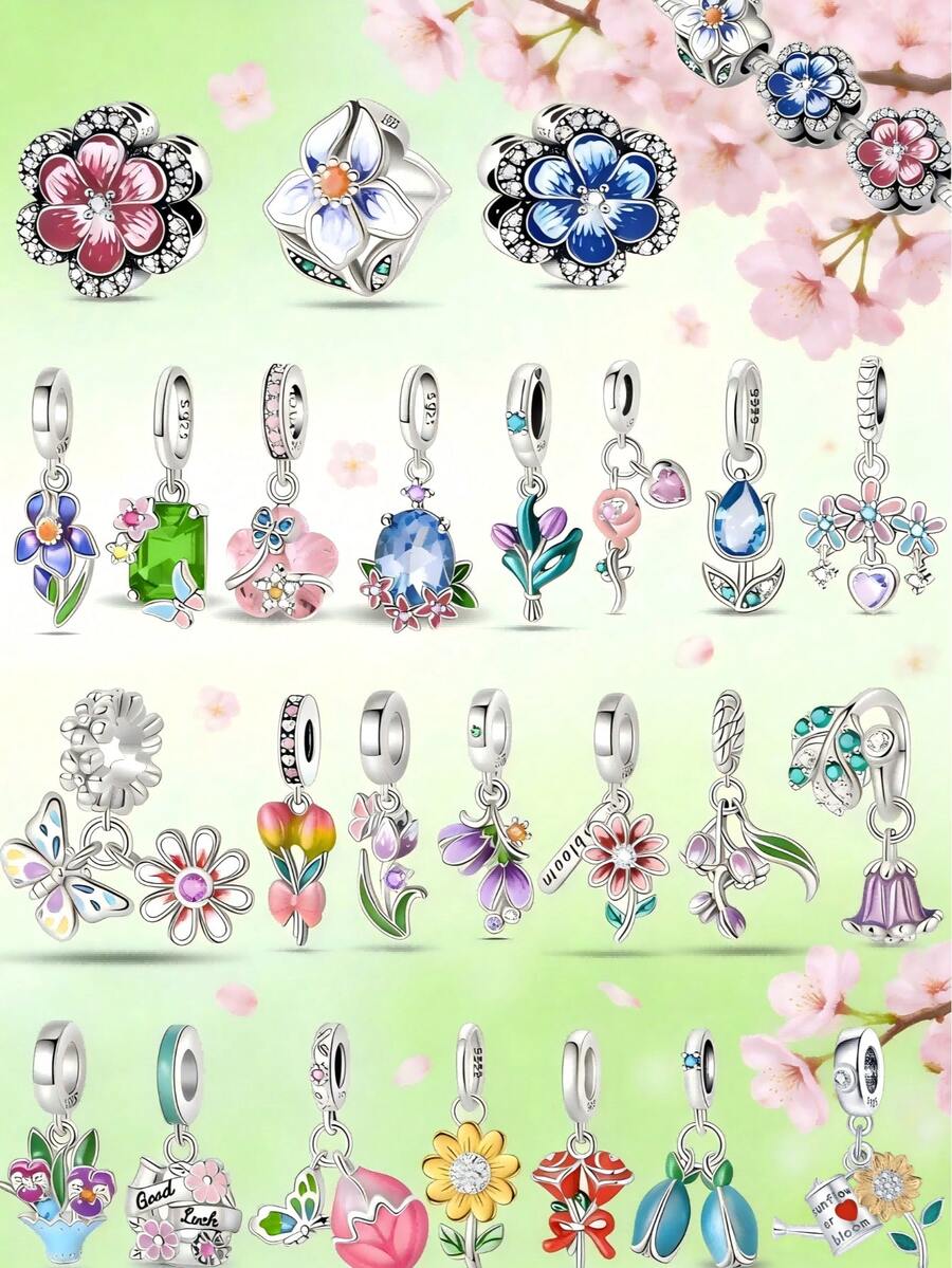 925纯银珐琅花卉吊坠 - 春季郁金香、铃兰、向日葵、玫瑰、樱花、蝴蝶串珠，适合DIY手链，女士原创首饰 - 彩色 - 查看 1