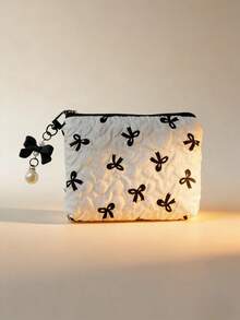 Cute Bow & Heart Shaped Cosmetic Bag With Wrist Strap, Large Capacity Makeup Organizer Pouch Doubles As Travel Bag, Elegant Gold-Tone Hardware (Black/White/Pink) - Perfect Gift Choice - Multicolor - View 15