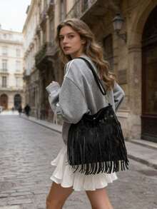 复古皮革斜挎包，波西米亚风单肩包，铆钉流苏装饰方形休闲邮差包，适合旅行和日常使用，便携式商务单肩手提包，带流苏 - 黑色 - 查看 9