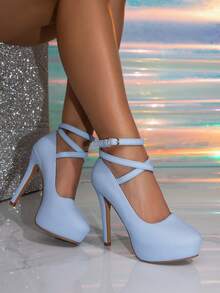 女士时尚高跟鞋，厚底浅蓝色高跟鞋，适合所有季节 - 淺藍色 - 查看 3