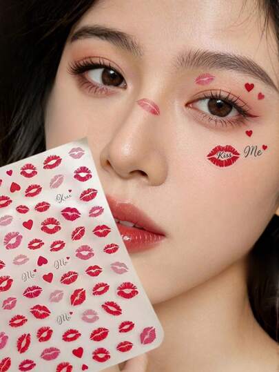1pc Sexy Red Lip With Heart Element Face Sticker, Instantly Creates Charming And Sultry Makeup Look For Dates, Parties, Photoshoots, Self-Adhesive Face Decal