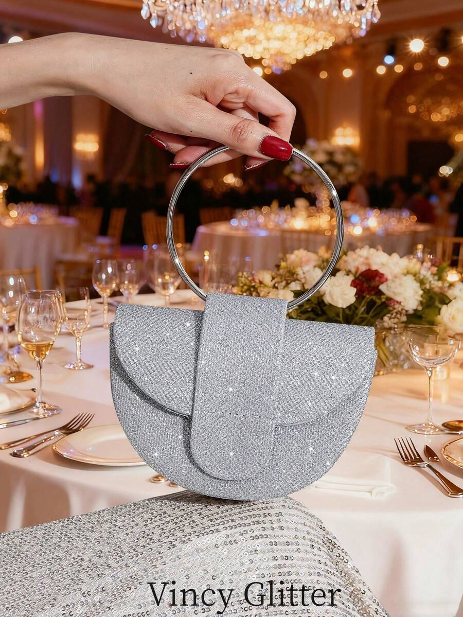Mini Fashionable Round Handle Bag, Small Round Bag, Evening Bag, Party Bag, Socialite Bag, Perfect Bag Matching Formal Dress, Versatile Bag - Silver - View 1