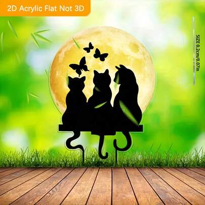 2D Flat 3 Cats Watching Moon Acrylic Garden Stake, Outdoor Cat Silhouette Decor, Waterproof