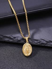 18K Gold Plated Silver Tone Guadalupe Virgin Mary Oval Pendant Necklace For Men Women 316L Stainless Steel Virgin Mary Box Chain Necklace - Gold - View 9