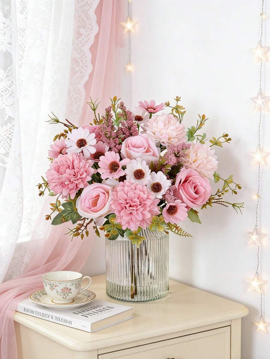 Bó hoa cẩm tú cầu giả bằng lụa (1/3 bông), hoa hồng trà giả, thích hợp trang trí bình hoa cưới mùa xuân/thu, nhà cửa, nhà hàng, phòng ngủ, phòng tắm, phòng khách, quà tặng Ngày của Mẹ, Ngày của Cha, tiệc sinh nhật, trang trí sân vườn ngoài trời. - Hồng - Xem 1