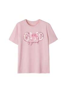 1pcsWomen's Summer New Simple Sheep And Slogan Print Daily Casual Round Neck Apricot Short Sleeve T-Shirt Fashionable And Versatile Suitable For Daily Wear Women's Tops180g100%Cotton - 粉色 - 查看 4