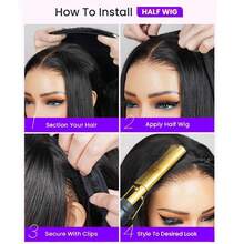 ZHENDEFA Kinky Straight Half Wig Human Hair 3 In 1 Seamless Flip Over Half Wigs For Women Ready To Go Headband Wig 180% Density Drawstring Kinky Straight Half Wig Glueless Natural Black - SNatural - View 9