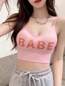 Summer Cropped Exposed Back Letter Print Camisole, Slim Fit Tank Top - Pink - View 4