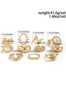 1 Set Of 11pcs Exaggerated Faux Pearl Adjustable Rings, Vintage Creative Asymmetrical Liquid Geometric Lava Ring Set, Suitable For Women's Daily, Vacation, Party Wear - Gold - View 6