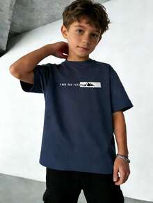 Tween Boys Casual Printed Round Neck Short Sleeve T-Shirt, Summer Top - Navy Blue - View 8