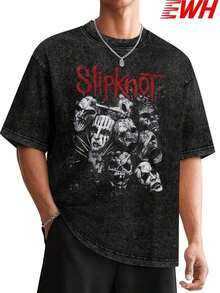 1 PcsBand Rock American Retro Washed Short Sleeve T-Shirt Men's And Women's Cotton Crew Neck Pullover Half SleeveDG004210g 100% Cotton,The Patterns Are All Printed. Unisex. - 黑色 - 查看 2