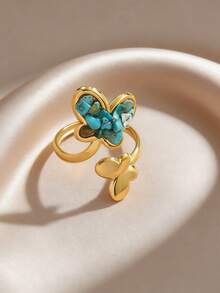 2026 New Year Of The Horse Contrast Color Natural Stone Open Ring, Turquoise & Tiger Eye Dual Tone Boho Style Butterfly Turquoise Ring, Unique Fragmented Stone Combination Ring, Lucky Tiger Eye & Turquoise Jewelry - Gold - View 5