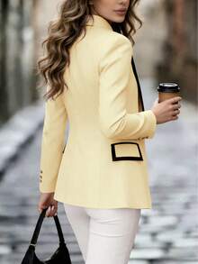 New Casual Chic Color Block Button Lapel Blazer Spring - Light Yellow - View 6