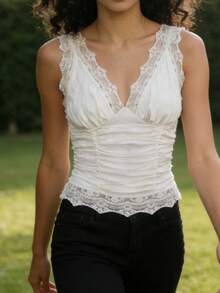 Womens Lace Trim Tank Tops  Sleeveless V Neck Solid Color Tops Slim Fit Shirts - 象牙白 - 查看 2