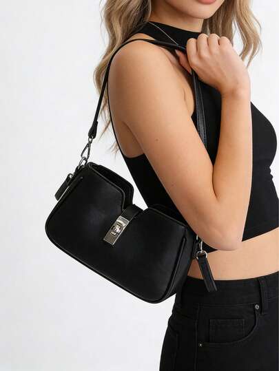 1pc Y2K Revived Black Underarm Bag | Faux Leather Material With Silver Lock Buckle | Suitable For Day And Night Wear, Travel, Shopping, Dating, An Ideal Gift For Women, Teenagers, College Students, Beginners And Professional Women, Applicable For Office, School, Work, Business Events, Commuting, Outdoor Activities, Travel, Picnic And Other Occasions