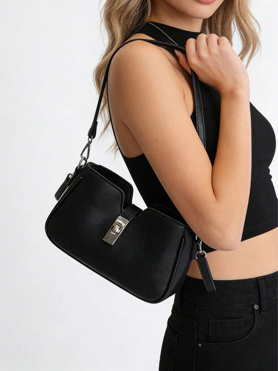 1个Y2K复古黑色腋下包 | 人造革材质，银色锁扣 | 适合日夜佩戴、旅行、购物、约会，是送给女性、青少年、大学生、新手和职业女性的理想礼物，适用于办公室、学校、工作、商务活动、通勤、户外活动、旅行、野餐等各种场合。