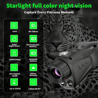 Suier Dispositif de vision nocturne, lunettes de vision nocturne portables pour adultes, écran de 2,8 pouces, zoom 18X, définition ultra haute de 66 MP, batterie 3000 mAh, vision couleur 4K basse lumière, convient pour l'observation de la faune en extérieur, l'observation à distance et l'utilisation par les aventuriers
