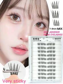 60pcs C-Curl Flare False Eyelashes, Korean Girl Group Style, 7-9mm, Invisible Transparent Band, Self-Adhesive, Press-On, Comfortable Fit, Built-In Eyeliner Effect, Reusable, Durable, Japanese Makeup Style, Thick & Natural, Lightweight & Fluttery, Gift For Women & Girls, Individual Lashes, Comfortable & Non-Irritating - 黑色 - 查看 2