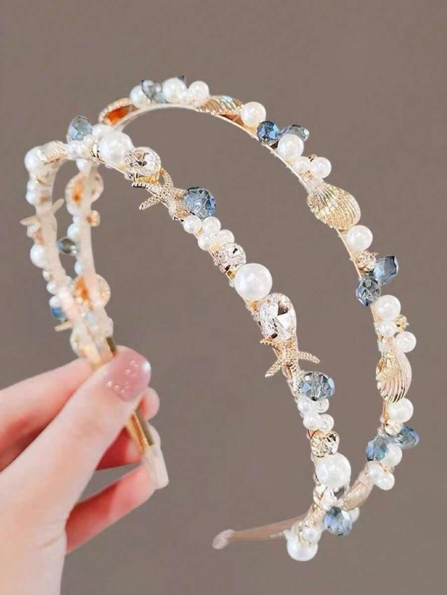 1 pièce Serre-tête pour filles, design attrayant en métal fin avec perles, saphirs, coquillages et étoiles de mer de haute qualité. Convient pour le port quotidien, les vacances à la plage et d'autres occasions - Multicolore - Voir 1