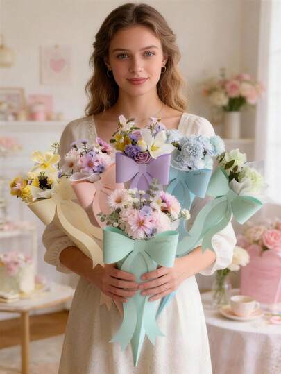 5pcs/Set Bow-Tied Single Rose Flower Gift Box, Rose Flower Box Packaging Suitable For Valentine's Day, DIY Floral Arrangement, With Bow And Fairy Wand Handle, Mother's Day, Flower Box, Event Gift Bag, Kraft Paper Flower Box, Flower Tote Bag. Suitable For Graduation Gifts And Other Occasions. Flower Box 1/5pcs