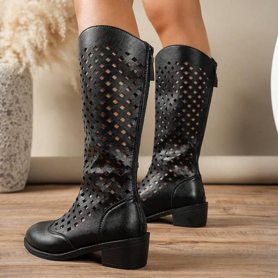 Giày bốt nữ kiểu dáng mới, thời trang châu Âu và Mỹ, gót dày, xếp ly, bốt đi xe máy phong cách retro thu đông, bốt cao cổ ôm dáng, thời trang. - Màu be - Xem 1