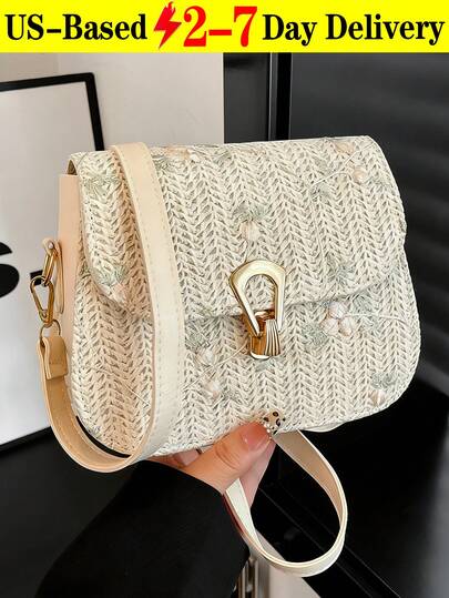 Floral Embroidery Straw Saddle Bag, Mini Woven Crossbody Bag, Tropiscape Mini Floral Embroidered Vacation Straw Purse, Women's Buckle Decor Flap Purse, Boho Beach Purse For Vacation, Valentine's Day, Vacation Essentials, Perfectly Matching With Beach Accessories For Women Hottest Beach Bags For Women, Fashion Summer Vacation Bag, Beach Essentials, Women's Bags For Vacation & Holiday, Summer, Beach Stuff & Summer Essentials [US Local Warehouse]The Best Gift Choice, Birthday Gift
