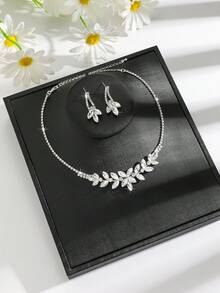 Elegant Crystal Bridesmaid Jewelry Set, Floral Pendant Necklace And Earrings - White - View 2