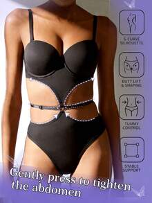 黑色镂空连体衣 - 带支撑罩杯，系带腰身，显瘦塑形，理想的性感内衣和时尚服饰 - 黑色 - 查看 3