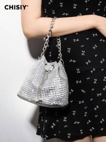 CHISIY Original Handmade Elegant Rhinestone Embellished Bucket Bag, Luxurious Gold, Silver, Rose Red PVC & Fabric, Fashionable, Spacious, Versatile Tote Bag, Suitable For Work, Shopping, Travel, Party, Wedding, Autumn/Winter, Great Gift For New Year, Valentine's Day - Bạc - Xem 6
