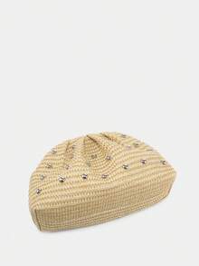 1pc Straw, Beach Style, Rivet Decor, Retro, Minimalist, Fashion Women Pleated Clutch Bag, Suitable For Daily, Beach, Party, Vacation - Khaki - View 5