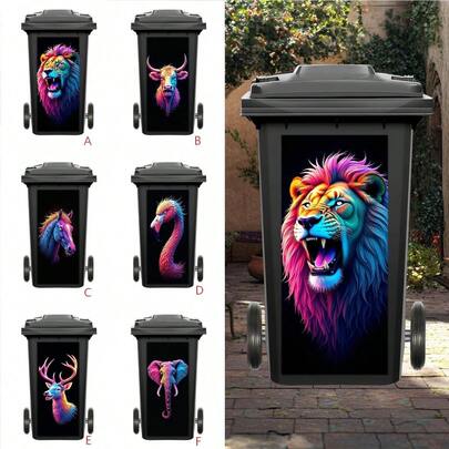 1pc Neon Animal Head Pattern Waterproof Vinyl Sticker, Suitable For Outdoor Trash Cans, Garage And Street Decoration, Cow, Flamingo, Lion Patterns, Punk Cyberpunk Style