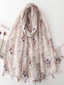 女士轻盈碎花围巾，带流苏，植物枝条图案，透气披肩，适合春夏佩戴 - 彩色 - 查看 1