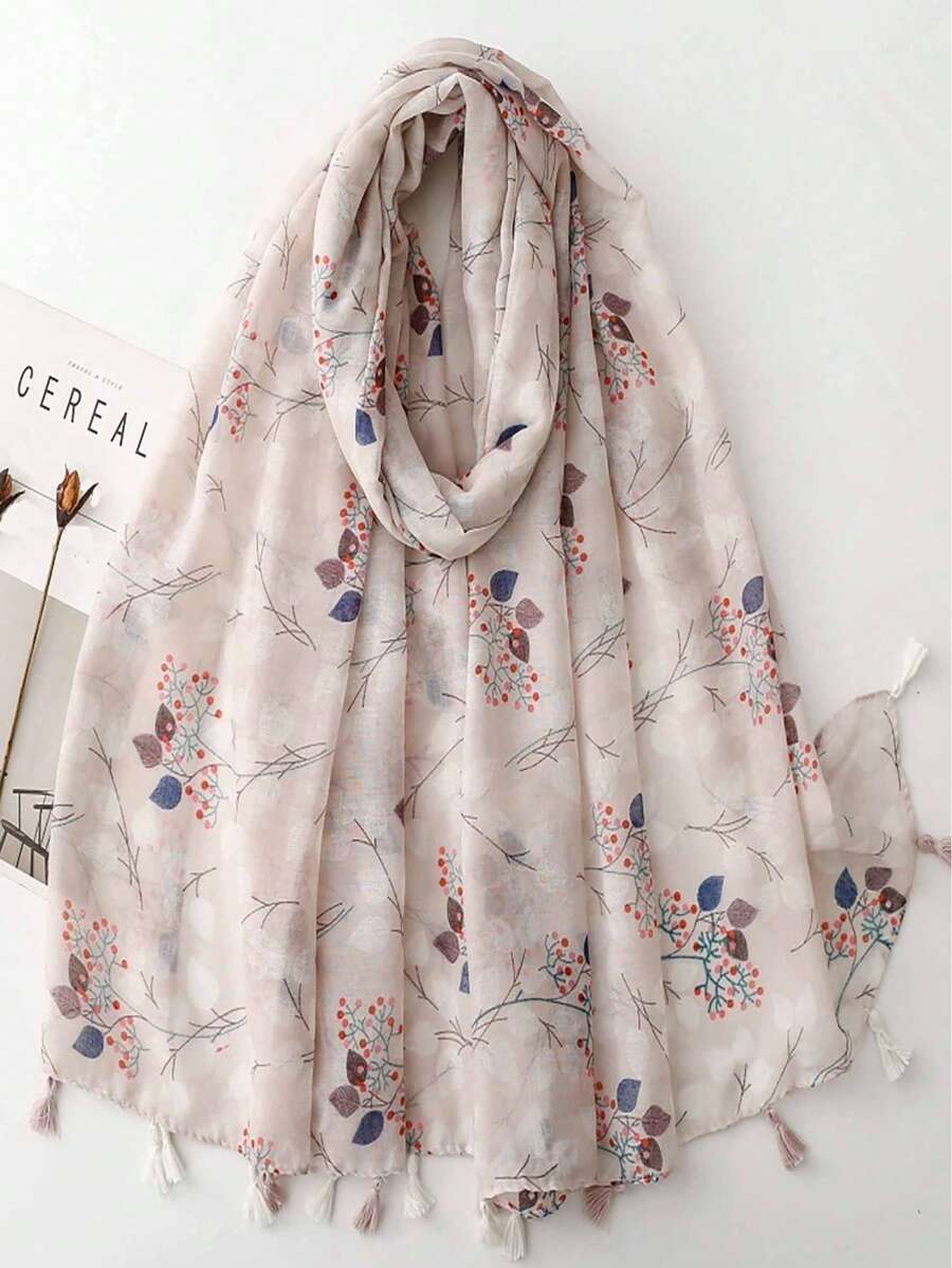 女士轻盈碎花围巾，带流苏，植物枝条图案，透气披肩，适合春夏佩戴 - 彩色 - 查看 1