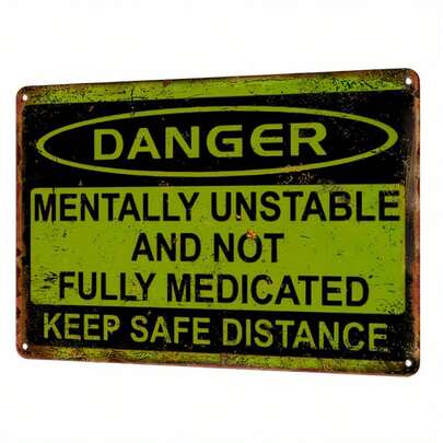 1pc Vintage Iron Danger Sign, 30cm X 19.81cm, Humorous Yellow & Green "Keep Safe Distance" Warning Plaque, Suitable For Patio And Garden, Unique Decorative Gift To Enhance Outdoor Experience | Distressed Surface | Textured Finish, Room Decor