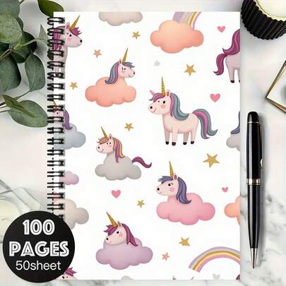 100-seitiges Traum-Einhorn Spiralheft, Cover mit niedlichem Einhorn, Wolken, Sternen und Regenbogen, verspieltes Design, geeignet für Arbeitsnotizen, Studiennotizen, Schulerinnerungen, auch als sinnvolles Geschenk zur Graduierung oder zum Geburtstag für Tagebuch, Tagesplaner, Memo